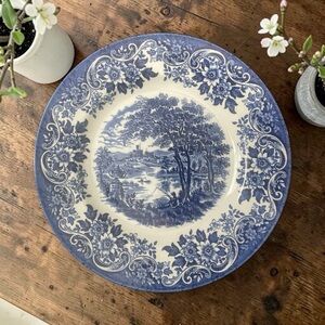 Vintage Churchill Blue and White Scenic Floral Dinner Plate - Staffordshire UK